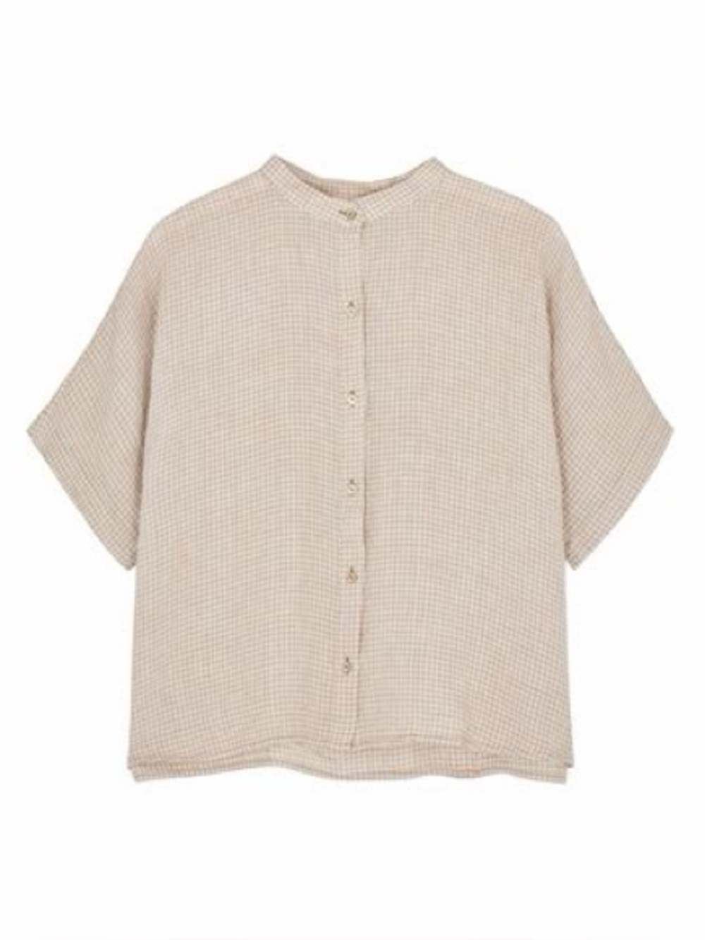 Eileen Fisher Cream & White Gingham Button Front Short Sleeve Top